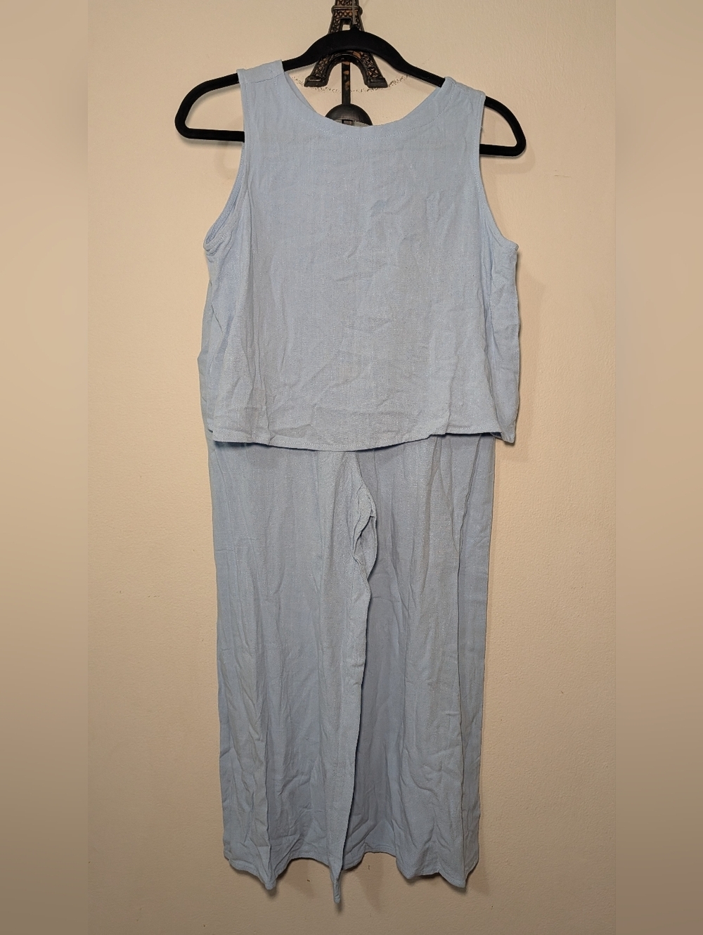 Linen Blend Light Blue Pants Set Sleeveless Top Cropped Pants Women's Size S